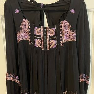 Free People Blk Embroidered Peasant Mini Sz S
